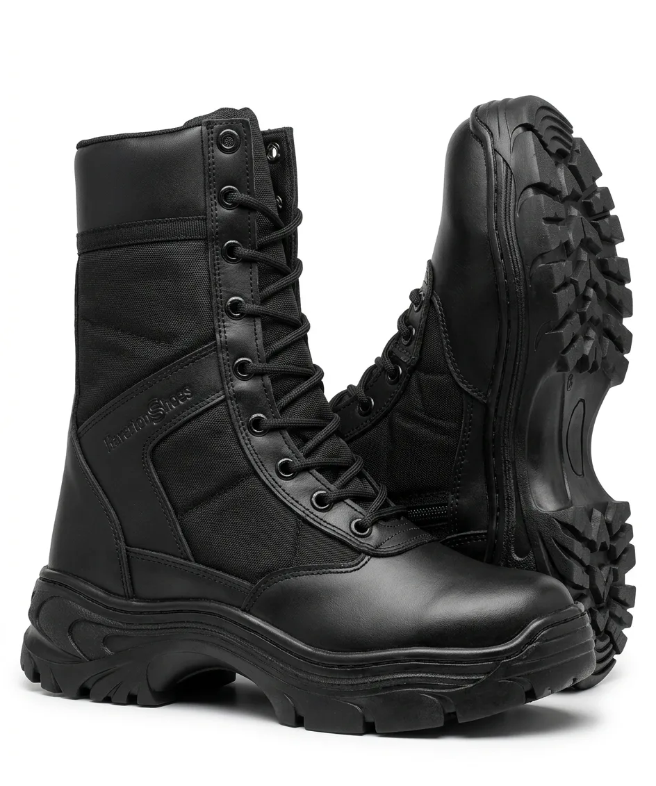 Vista lateral de botas tácticas negras Llanero Shoes para uso táctico y laboral