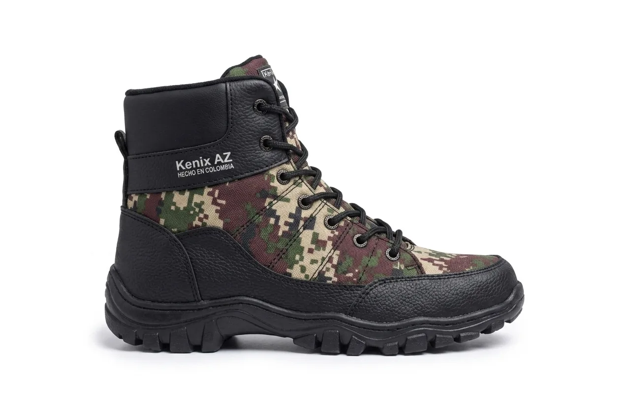 Vista lateral de botas camufladas verdes Kenix AZ para trabajo en Colombia